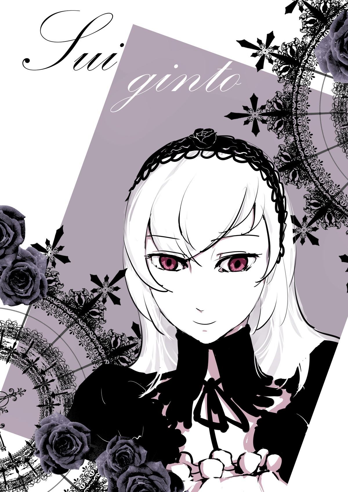 1girl black_flower black_rose blue_flower blue_rose bug butterfly closed_mouth flower frills gothic_lolita hairband image insect lolita_fashion lolita_hairband long_hair looking_at_viewer monochrome red_rose ribbon rose smile solo suigintou thorns