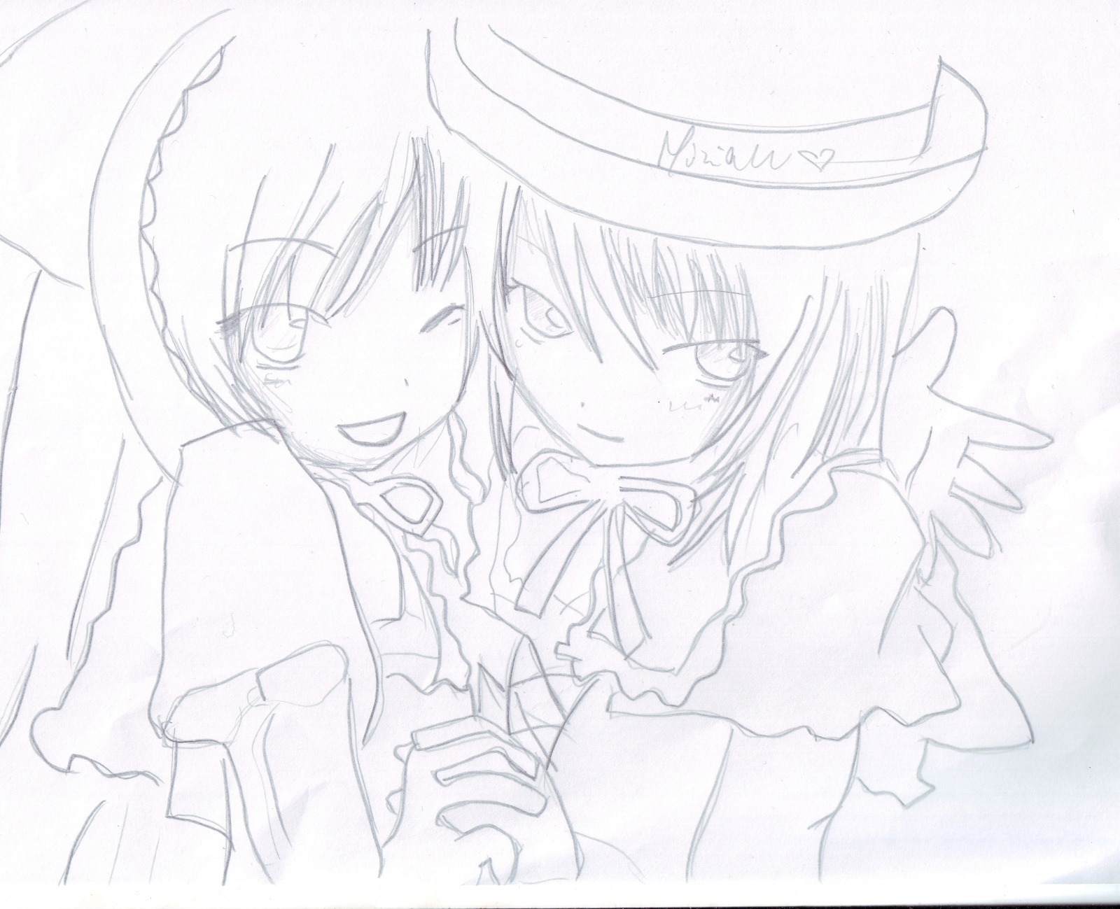 2girls blush dress hat image long_sleeves monochrome multiple_girls pair short_hair smile souseiseki suiseiseki