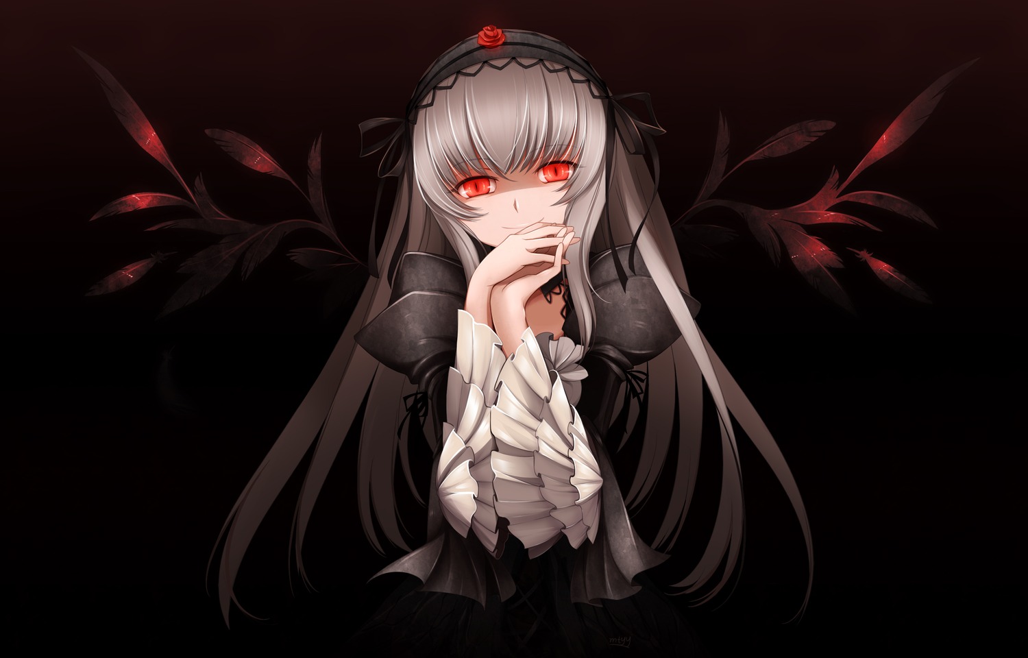 1girl black_dress black_ribbon black_wings commentary_request dress flower frilled_sleeves frills hairband highres image lolita_fashion long_hair long_sleeves looking_at_viewer mtyy photoshop_(medium) red_eyes ribbon rose rozen_maiden silver_hair smile solo suigintou very_long_hair wings