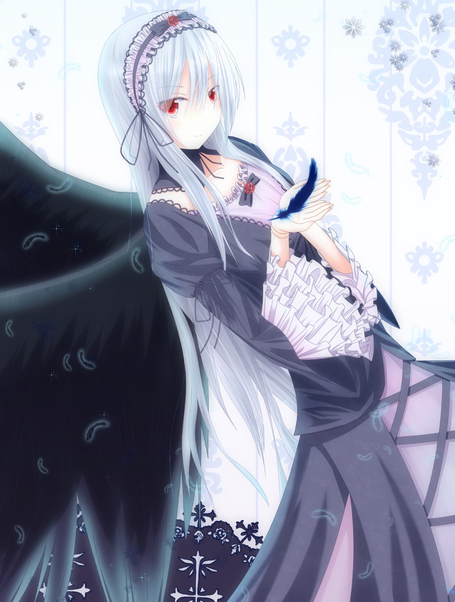 1girl black_dress black_ribbon black_wings dress feathers flower frilled_sleeves frills hairband image long_hair long_sleeves red_eyes ribbon silver_hair solo suigintou very_long_hair wide_sleeves wings