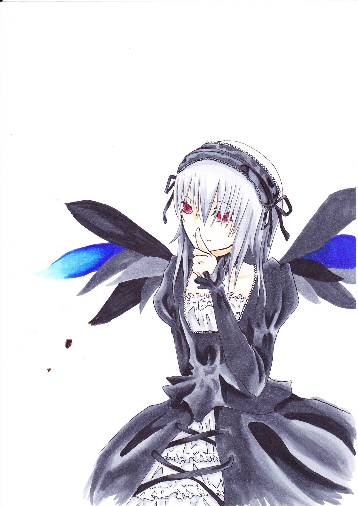 1girl black_dress cowboy_shot dress frills hairband image juliet_sleeves long_hair long_sleeves looking_at_viewer puffy_sleeves red_eyes ribbon silver_hair solo suigintou white_background wings