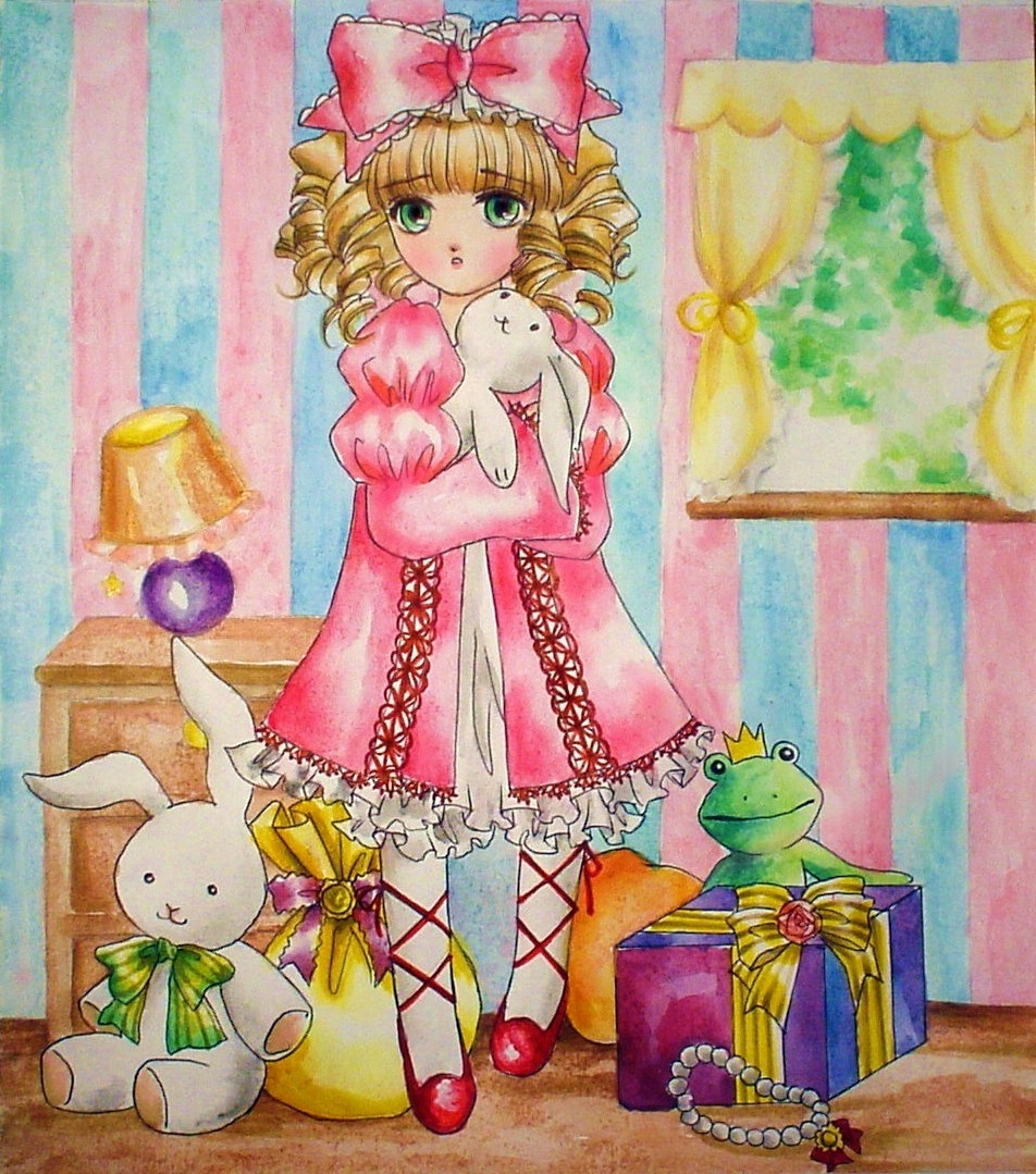 1girl blonde_hair bow box curly_hair curtains dress drill_hair frills gift gift_box green_eyes hair_bow hina_ichigo hinaichigo image long_sleeves pink_bow pink_dress solo stuffed_animal teddy_bear traditional_media