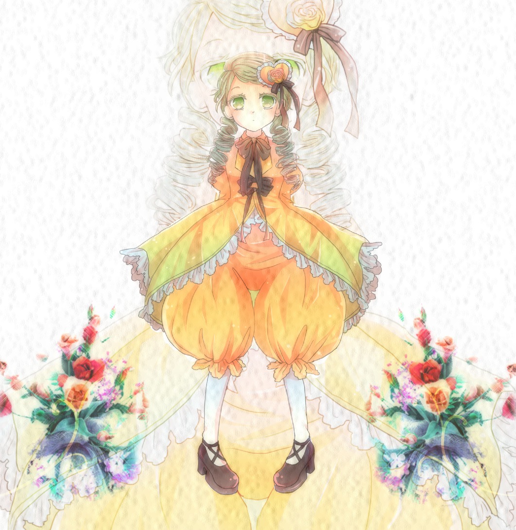 1girl blonde_hair dress drill_hair flower frills full_body green_eyes hair_ornament image kanaria long_sleeves red_flower red_rose ribbon rose shoes solo standing twin_drills white_legwear