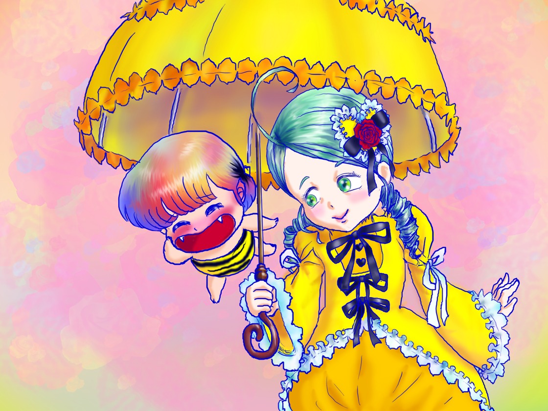 1girl black_umbrella blush dress flower green_eyes green_hair hair_ornament holding_umbrella image kanaria parasol red_hair red_umbrella shared_umbrella short_hair smile solo umbrella yellow_dress