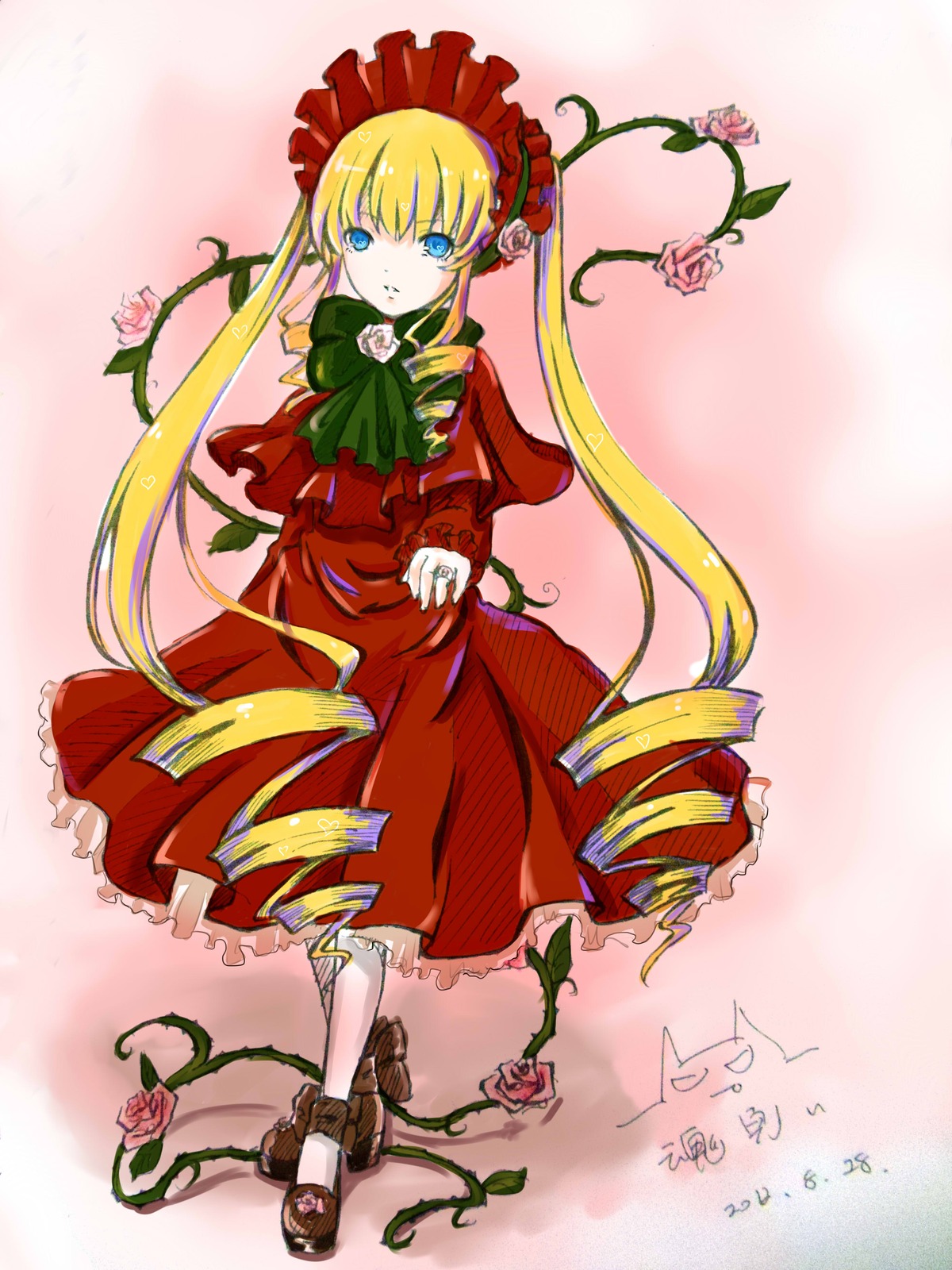 1girl blonde_hair blue_eyes bonnet bow bowtie capelet dress drill_hair flower full_body green_bow green_neckwear image long_hair long_sleeves looking_at_viewer pink_flower pink_rose red_capelet red_dress red_flower red_rose rose shinku solo twintails very_long_hair