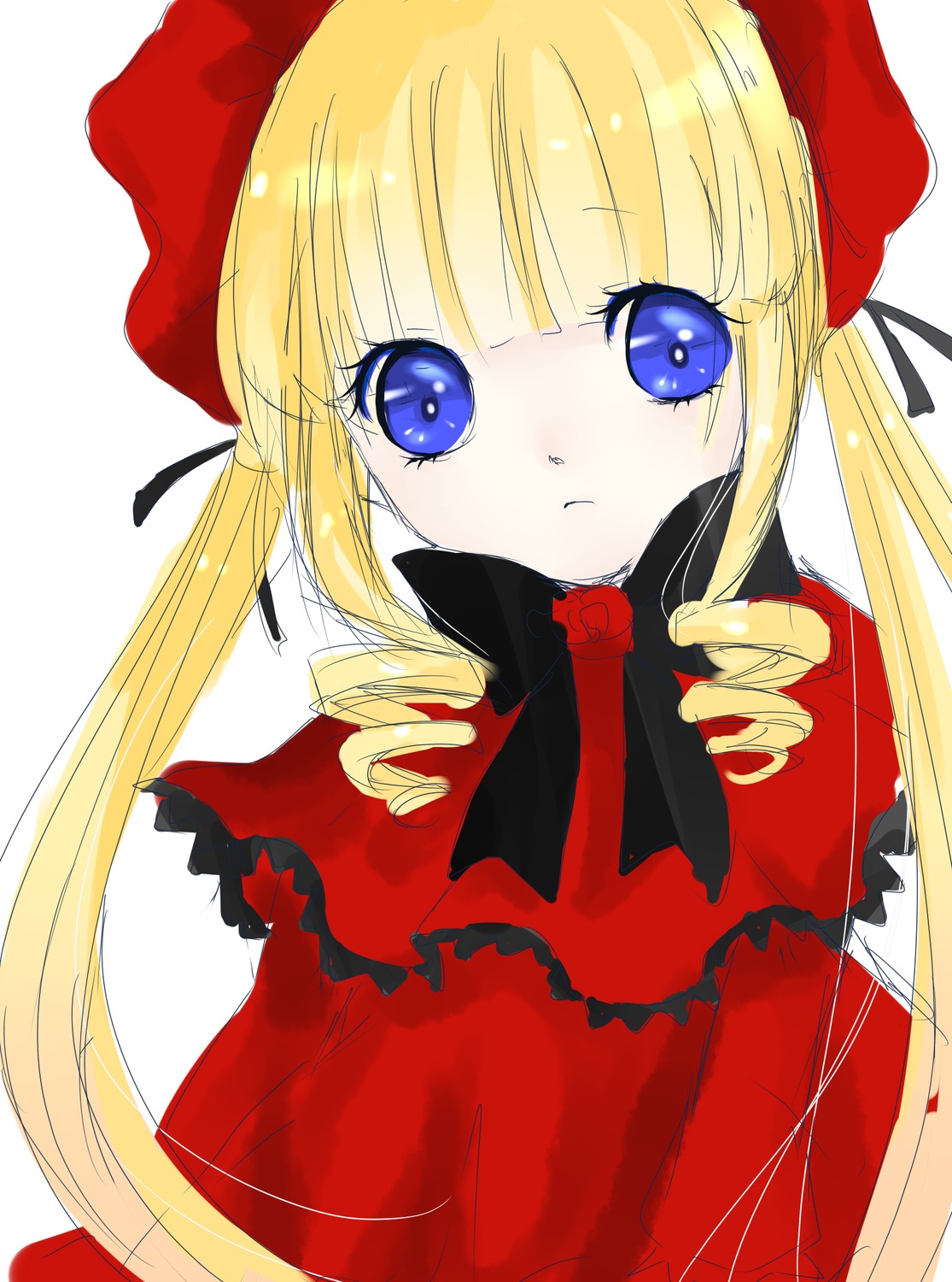 1girl bangs blonde_hair blue_eyes blush bow bowtie dress drill_hair image long_hair long_sleeves looking_at_viewer red_dress ribbon shinku sidelocks simple_background solo twintails upper_body white_background