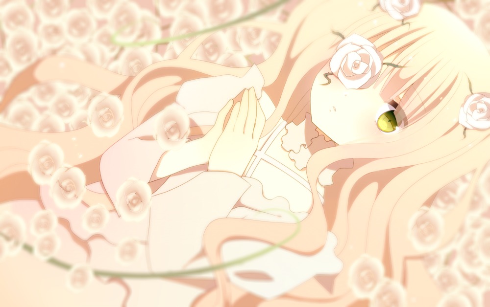1girl bangs blonde_hair blurry blurry_foreground depth_of_field dress eyepatch flower hair_ornament image kirakishou long_hair looking_at_viewer parted_lips rose solo thorns white_flower white_rose wide_sleeves
