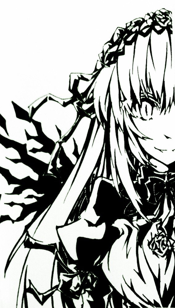 1girl dress flower greyscale image long_hair looking_at_viewer monochrome ribbon rose solo suigintou