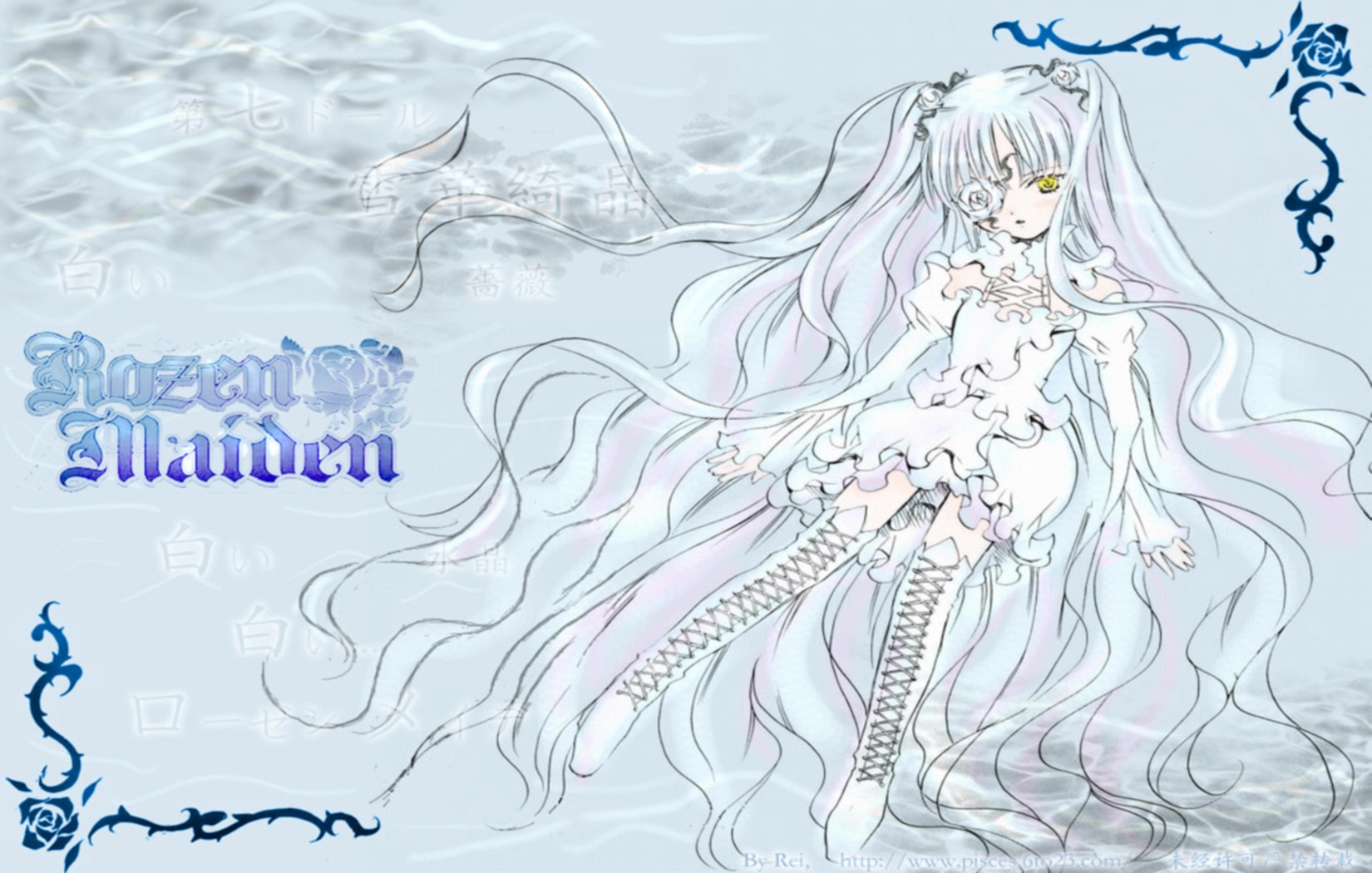 1girl boots cross-laced_footwear dress flower frills gradient_hair image kirakishou knee_boots long_hair rose solo thigh_boots thighhighs very_long_hair white_footwear white_hair yellow_eyes