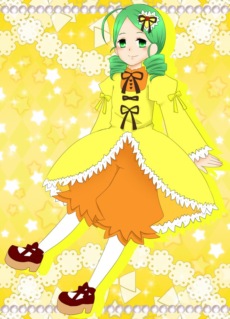 1girl bloomers dress drill_hair full_body green_eyes green_hair hair_ornament image kanaria long_sleeves pantyhose ribbon shoes smile solo star_(symbol) starry_background twin_drills twintails yellow_dress
