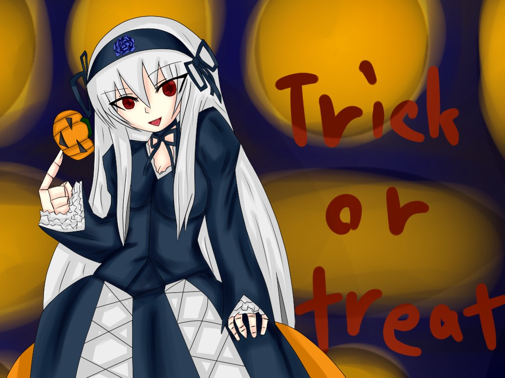 1girl breasts cleavage crescent_moon dress full_moon hairband halloween happy_halloween image jack-o'-lantern lantern long_hair long_sleeves moon night open_mouth pumpkin red_eyes silver_hair smile solo suigintou trick_or_treat very_long_hair white_hair