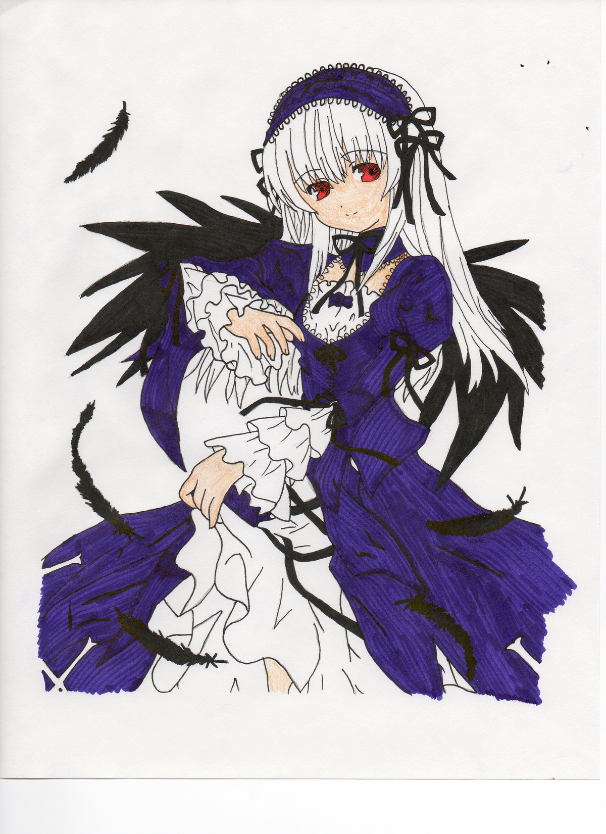 1girl black_feathers black_wings detached_collar dress feathers flower frilled_sleeves frills hairband image long_hair long_sleeves looking_at_viewer red_eyes ribbon rose silver_hair simple_background solo suigintou wings