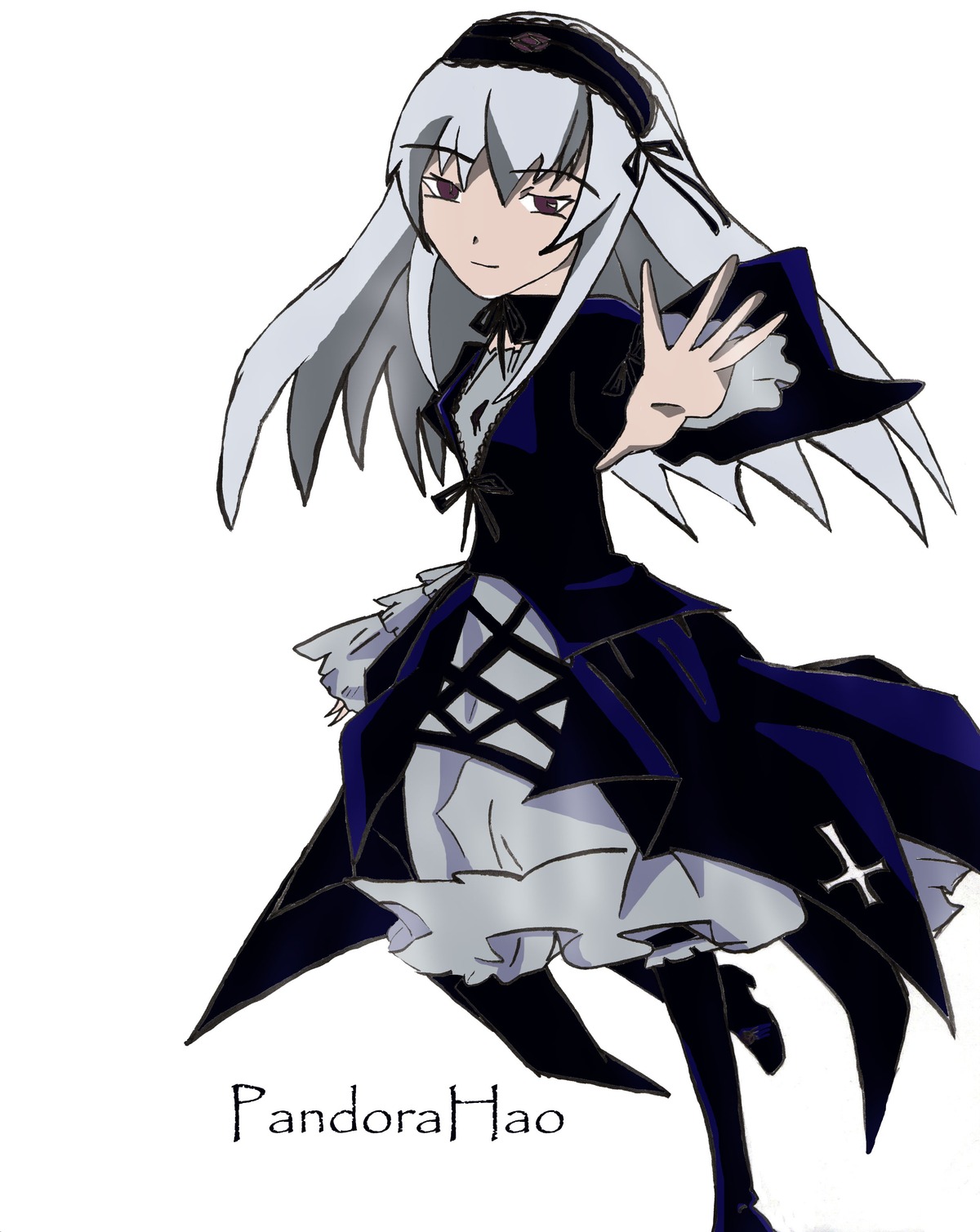 1girl black_dress dress frills full_body hairband image long_hair long_sleeves looking_at_viewer ribbon silver_hair simple_background solo suigintou white_background wings