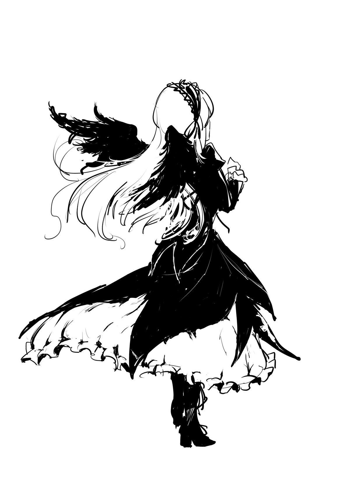 1girl dress full_body greyscale image long_hair long_sleeves monochrome simple_background solo suigintou torn_cape torn_clothes white_background