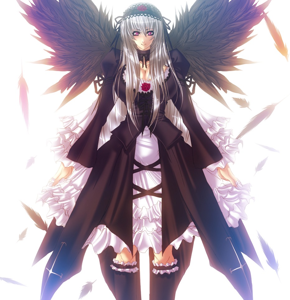 1girl bad_id bad_pixiv_id black_feathers black_wings breasts cleavage dress feathered_wings feathers flower frills hairband huge_breasts image juri_(shiningred) kneehighs long_hair long_sleeves looking_at_viewer older photoshop_(medium) pink_eyes puffy_sleeves purple_eyes rozen_maiden silver_hair socks solo suigintou thighhighs wings