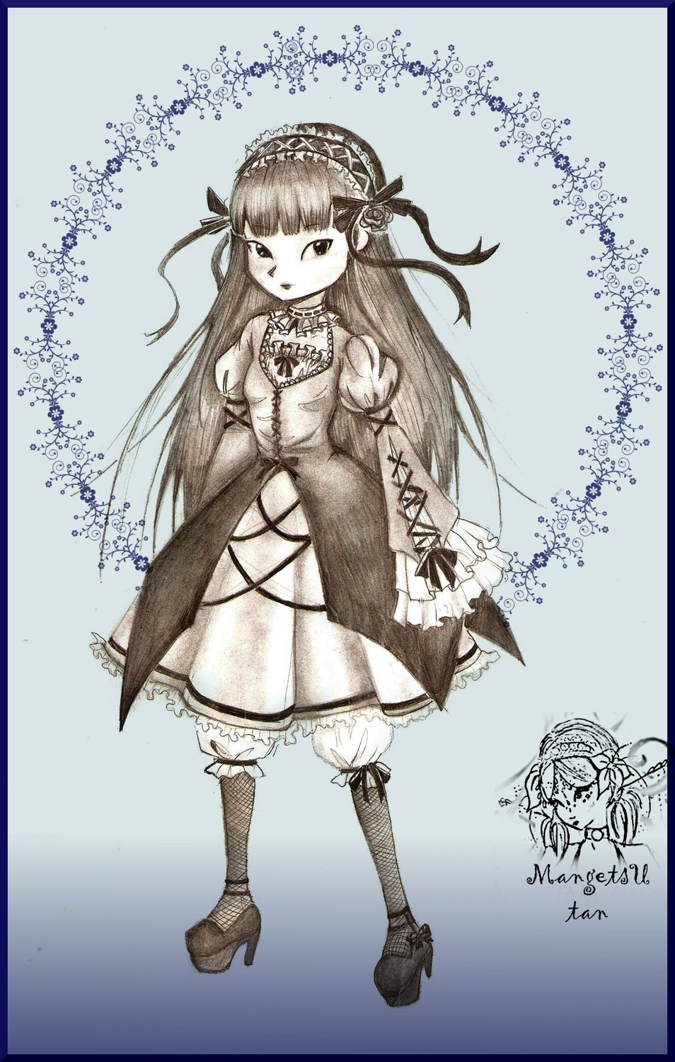 1girl bangs blunt_bangs border bow dress fishnet_legwear fishnets full_body gothic_lolita hairband high_heels image lolita_fashion long_hair long_sleeves looking_at_viewer monochrome puffy_sleeves shoes solo standing suigintou thighhighs