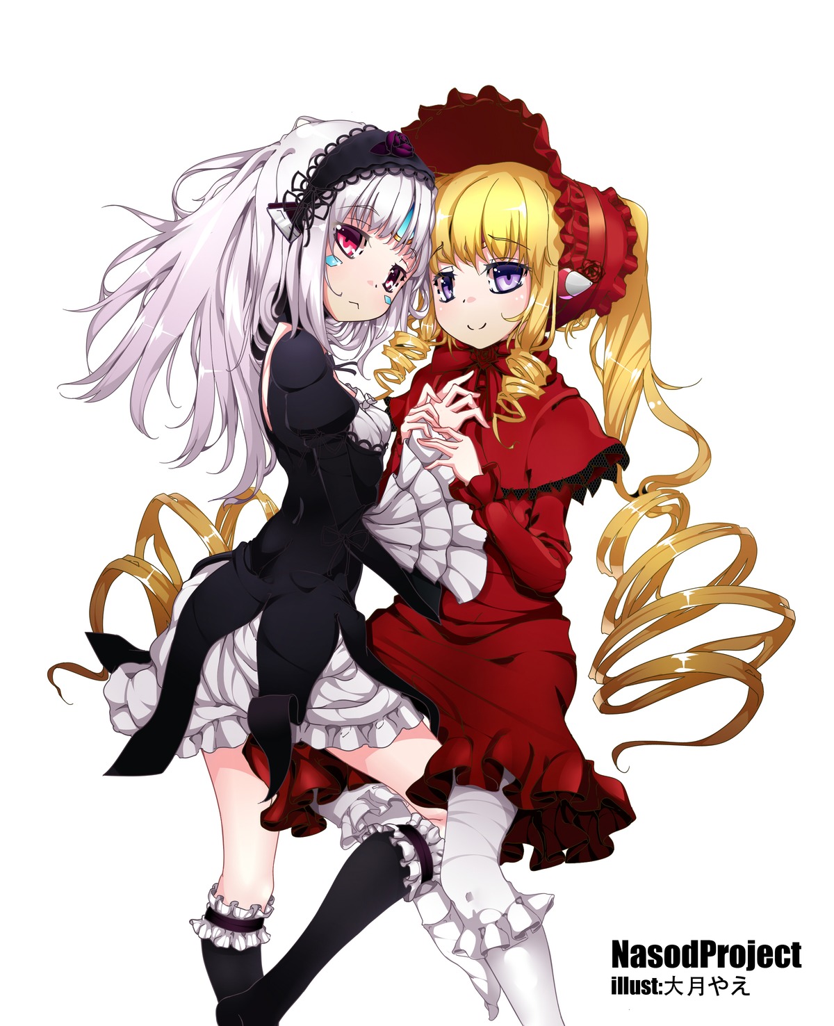 2girls auto_tagged black_legwear blonde_hair blush bonnet dress drill_hair frills hairband holding_hands image lolita_fashion lolita_hairband long_hair looking_at_viewer multiple_girls pair purple_eyes red_dress shinku silver_hair smile suigintou thighhighs twintails