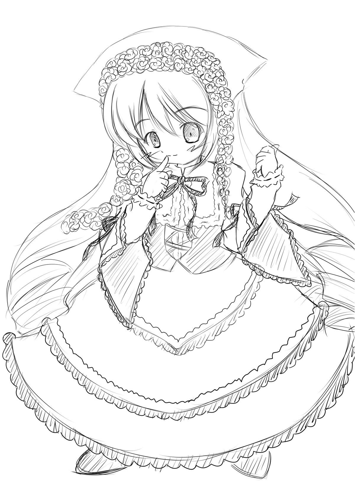 1girl dress flower frills full_body greyscale image long_hair long_sleeves looking_at_viewer monochrome rose smile solo suiseiseki very_long_hair