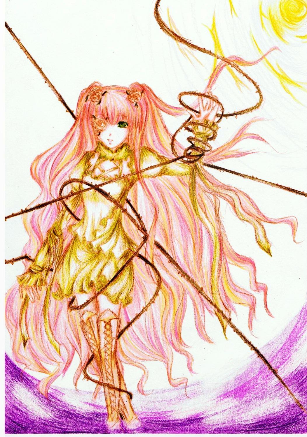 1girl boots dress flower green_eyes image kirakishou long_hair megurine_luka pink_hair solo thighhighs traditional_media very_long_hair yellow_dress