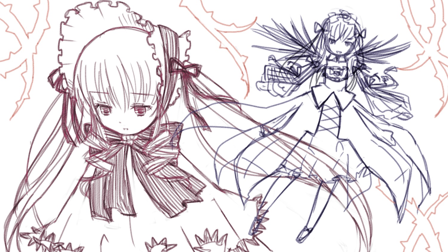 1girl dress hairband image lolita_hairband long_hair long_sleeves looking_at_viewer monochrome pair shinku sketch suigintou twintails very_long_hair wings