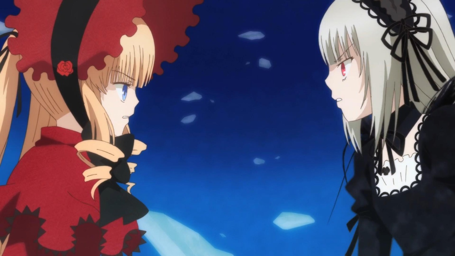 2girls blonde_hair blue_eyes bonnet bow dress drill_hair eye_contact flower frills hairband image lolita_hairband long_hair long_sleeves looking_at_another multiple_girls pair petals profile red_eyes rose shinku silver_hair suigintou twintails