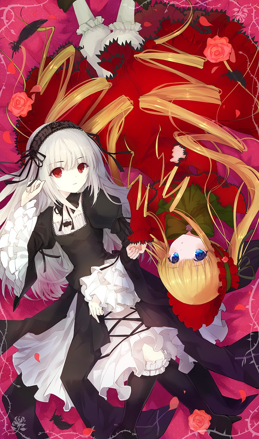 2girls black_footwear black_ribbon blonde_hair blue_eyes bow dress drill_hair flower frills hairband image lolita_fashion long_hair long_sleeves looking_at_viewer lying multiple_girls on_back pair petals red_dress red_eyes red_flower red_rose rose shinku silver_hair suigintou twintails very_long_hair