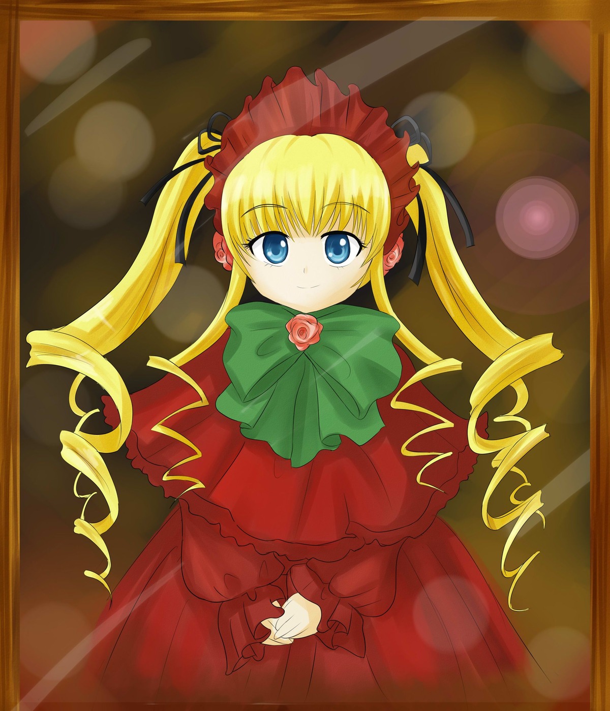 1girl blonde_hair blue_eyes bonnet bow bowtie capelet dress drill_hair flower green_bow image long_hair long_sleeves looking_at_viewer red_dress rose shinku sidelocks smile solo standing twin_drills twintails