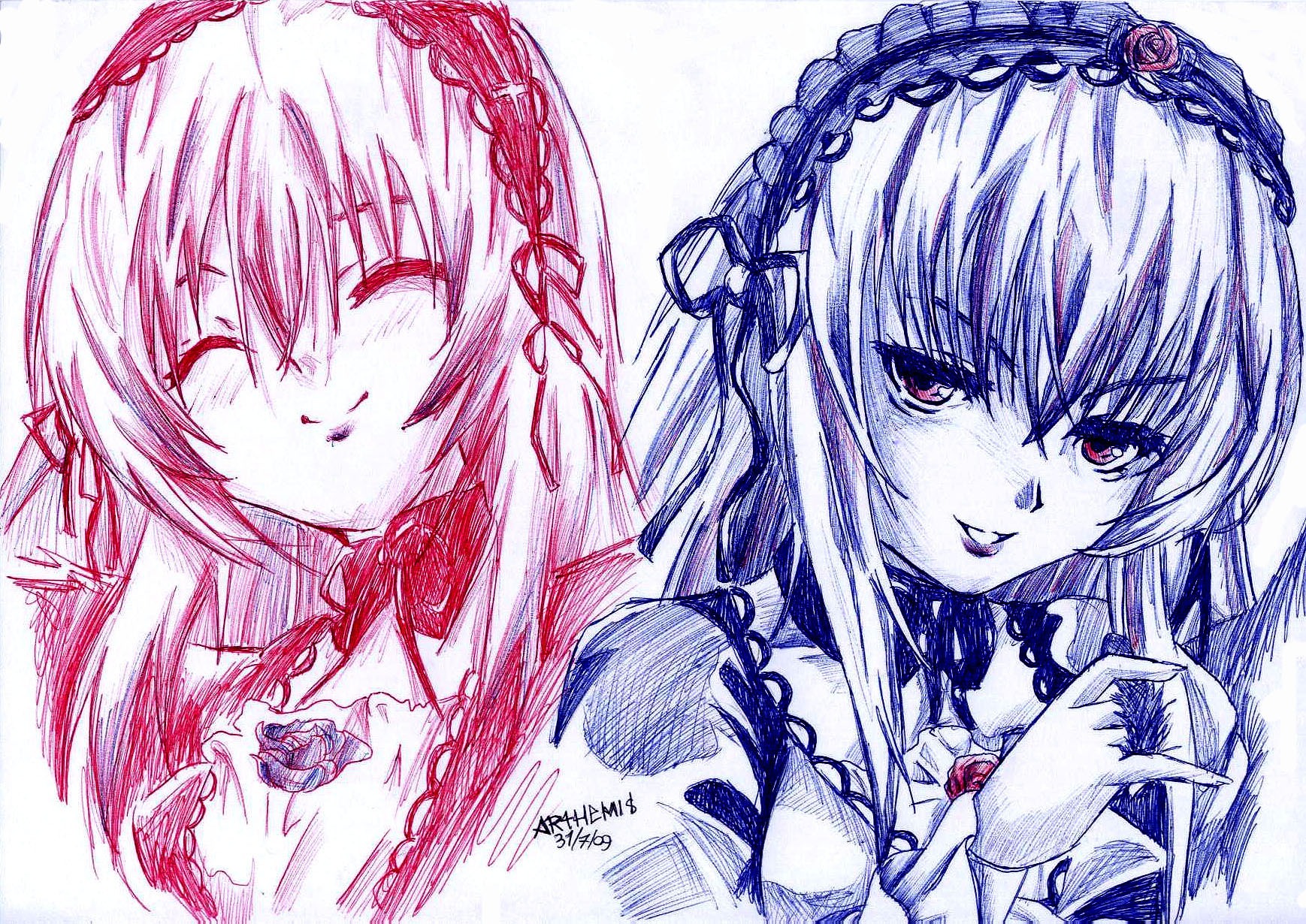 1girl blush closed_eyes hairband image long_hair looking_at_viewer monochrome multiple_views rose smile solo suigintou traditional_media