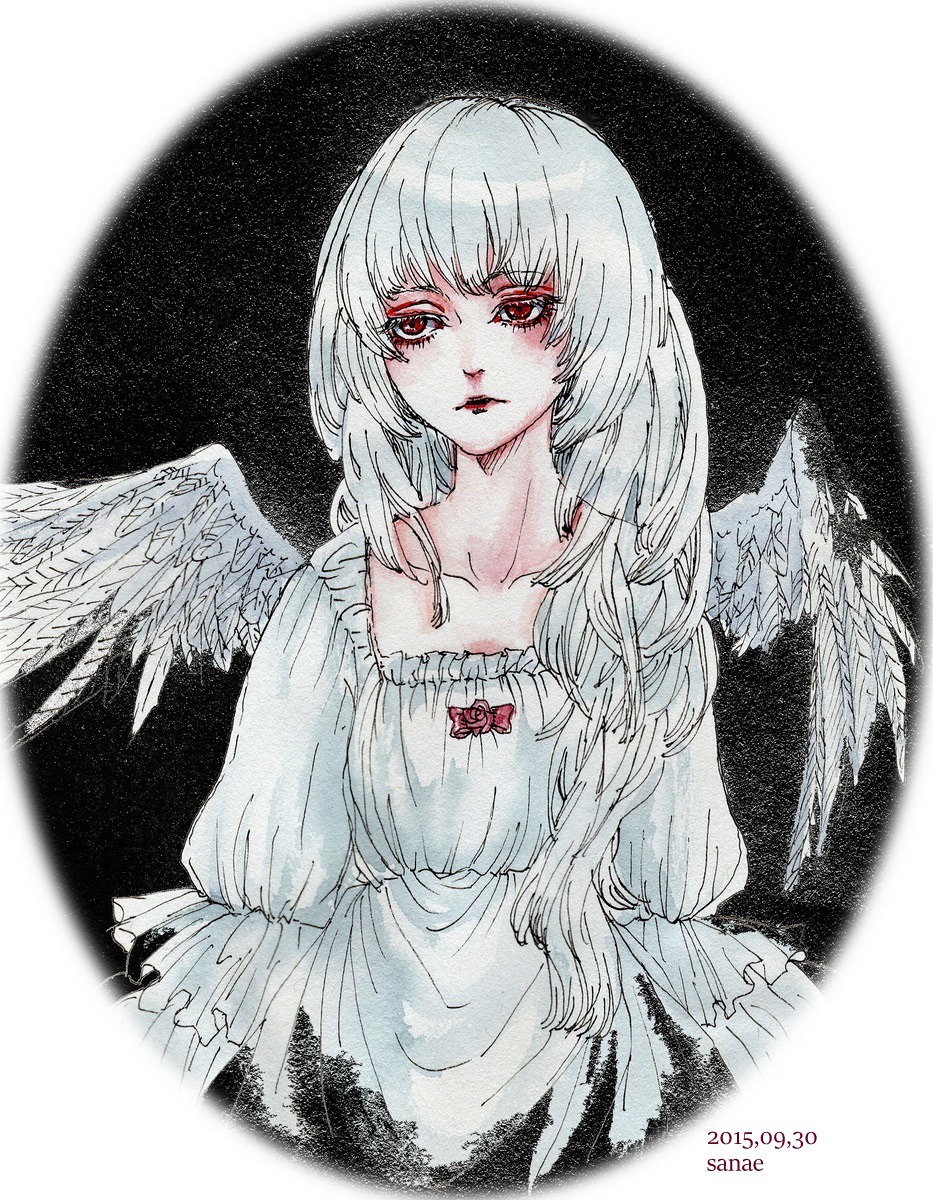 1girl angel angel_wings artist_name dated dress feathered_wings feathers image long_hair long_sleeves looking_at_viewer red_eyes solo solo_wing suigintou traditional_media watercolor_(medium) white_hair white_wings wings