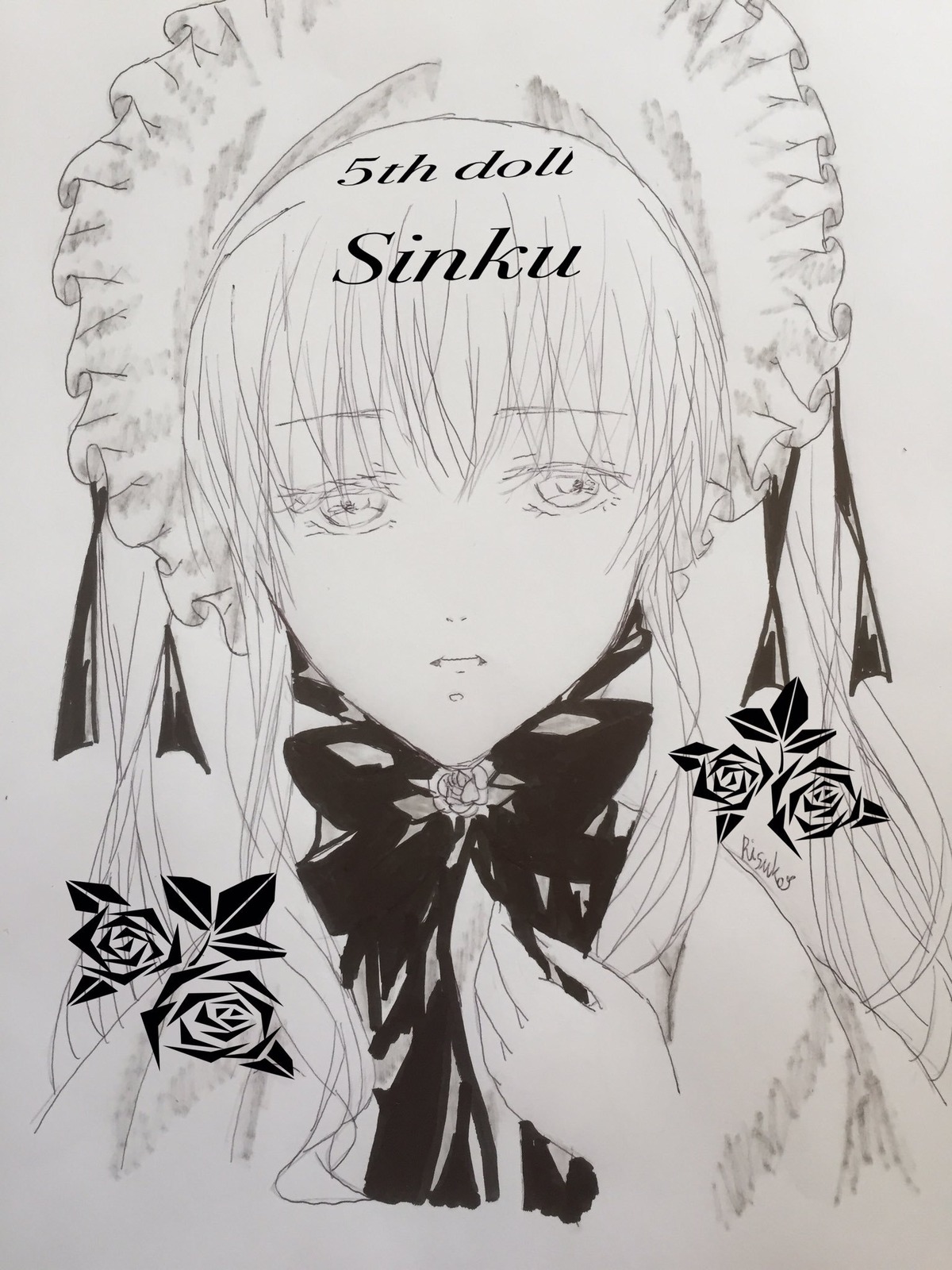 1girl closed_mouth eyebrows_visible_through_hair flower image long_hair looking_at_viewer monochrome rose shinku simple_background solo traditional_media