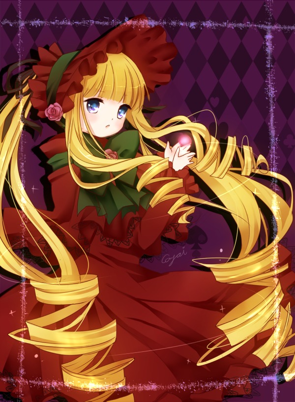 1girl argyle argyle_background argyle_legwear blonde_hair blue_eyes bonnet bow checkered checkered_background checkered_floor chess_piece copyright_name dress drill_hair flower green_bow green_neckwear image long_hair perspective pink_rose red_dress ringlets rose shinku solo tile_floor tiles twin_drills twintails very_long_hair