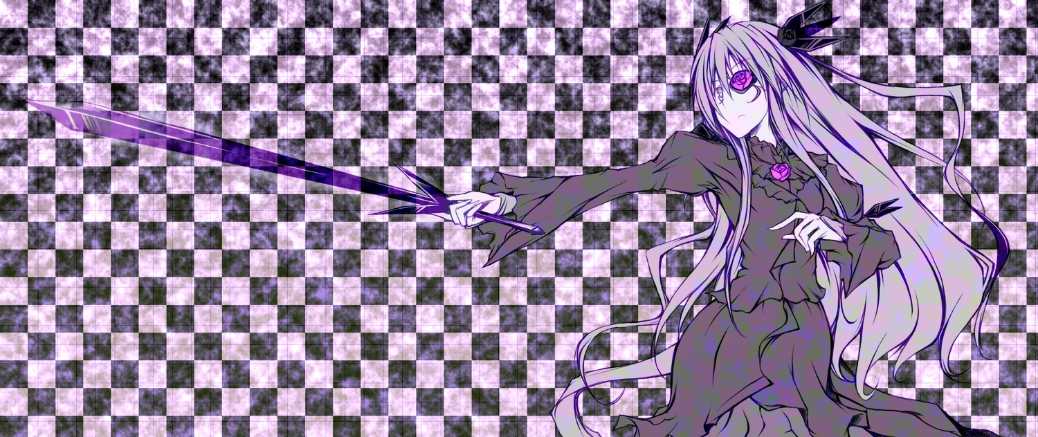 1girl argyle argyle_background argyle_legwear barasuishou board_game card checkered checkered_background checkered_floor checkered_kimono checkered_scarf checkered_skirt chess_piece dress flower image long_hair perspective plaid_background purple_eyes rose solo tile_floor tiles vanishing_point