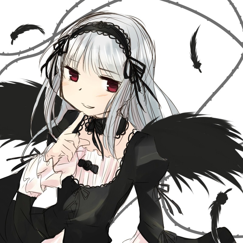 1girl bird black_dress black_feathers black_ribbon black_wings detached_collar dress feathered_wings feathers flower frills hairband image lolita_fashion lolita_hairband long_hair long_sleeves looking_at_viewer red_eyes ribbon rose silver_hair simple_background smile solo suigintou upper_body white_background wings