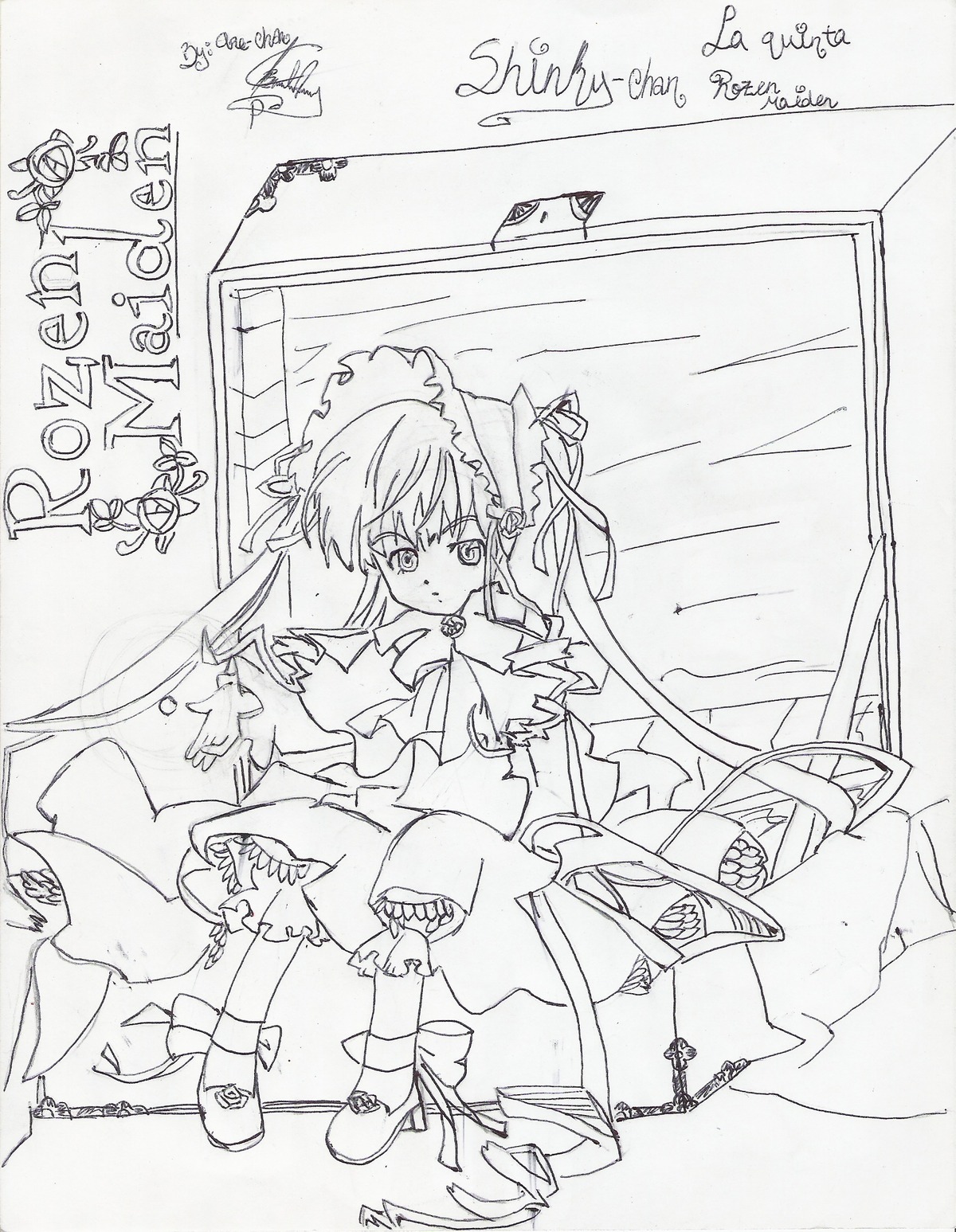 1girl dress frills full_body image long_hair long_sleeves looking_at_viewer monochrome ribbon shinku solo standing very_long_hair