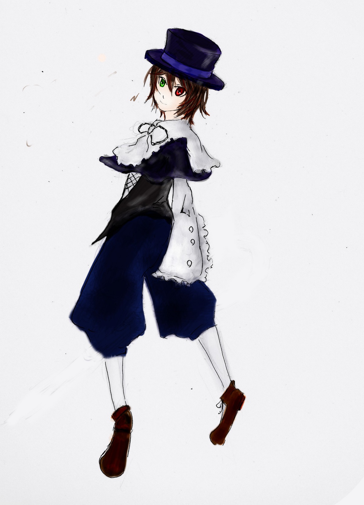 1girl brown_hair capelet full_body green_eyes hat heterochromia image long_sleeves looking_at_viewer red_eyes short_hair solo souseiseki top_hat white_legwear