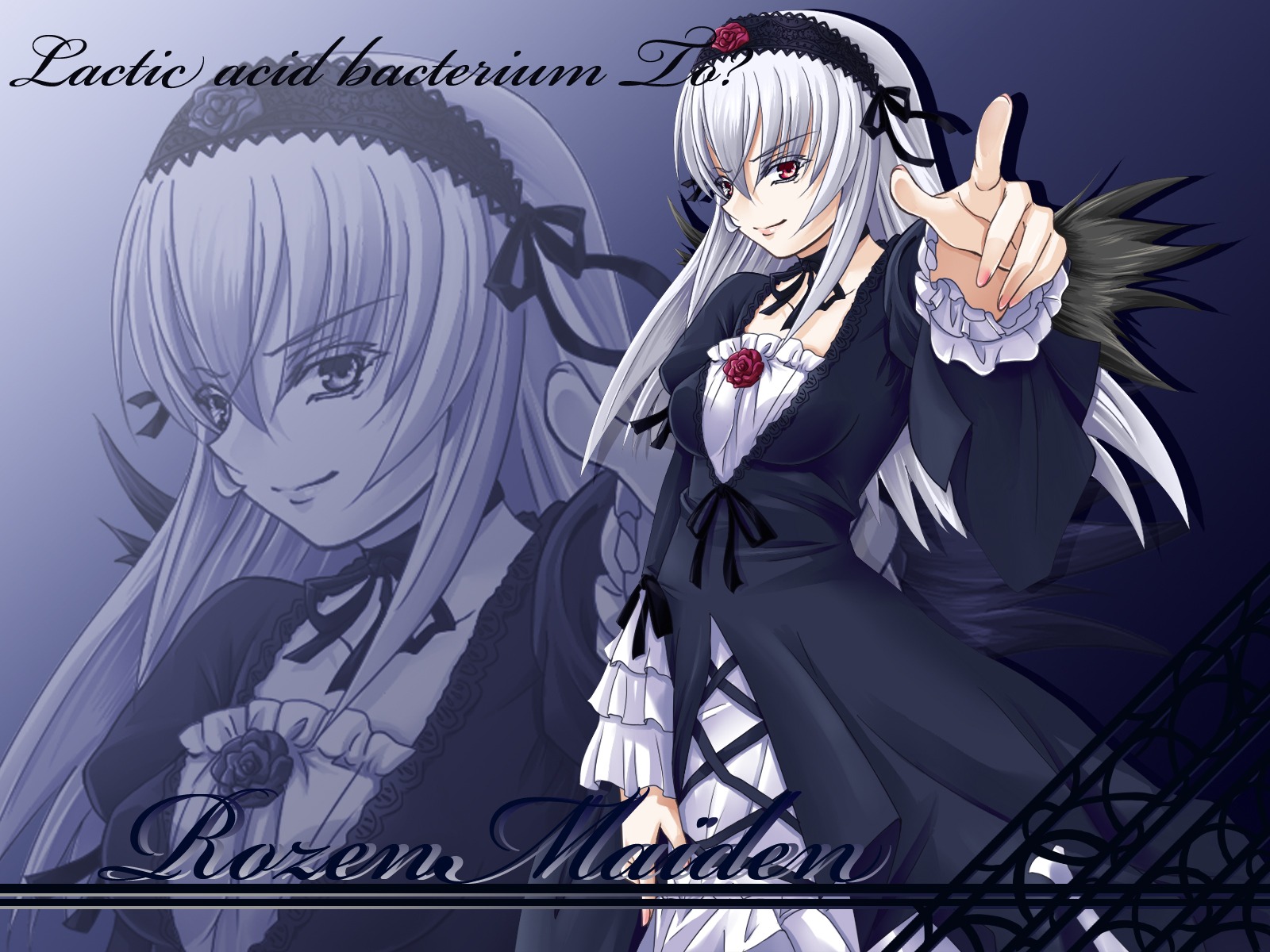 1girl black_dress dress flower frills hairband image lolita_hairband long_hair long_sleeves looking_at_viewer red_eyes ribbon rose silver_hair solo suigintou wings zoom_layer