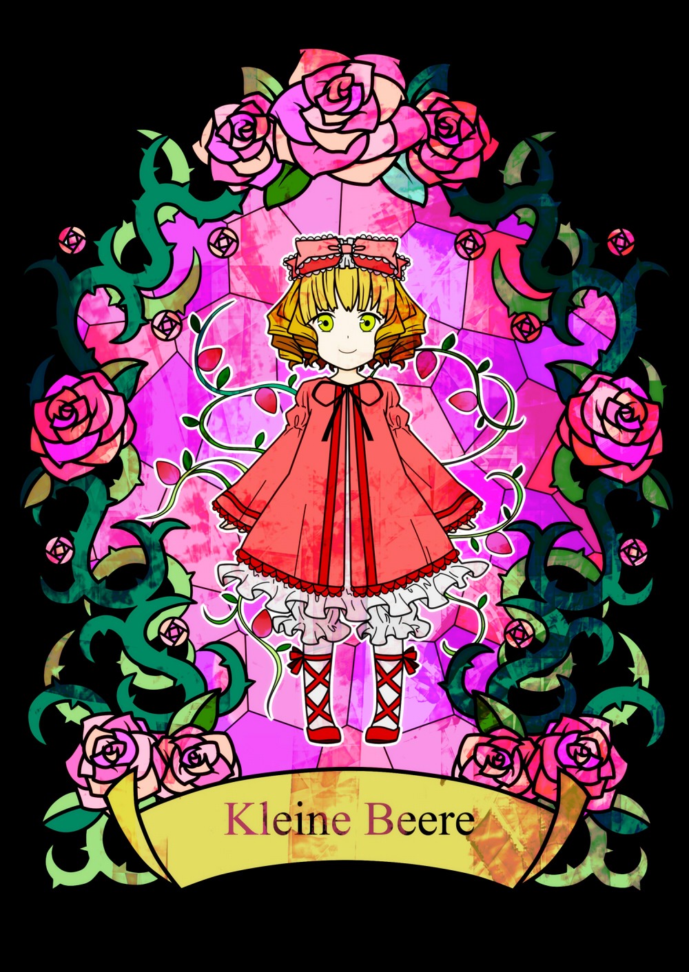 1girl blonde_hair bow dress flower hat hina_ichigo hinaichigo image looking_at_viewer pink_flower pink_rose plant purple_flower purple_rose rose short_hair smile solo thorns transparent_background vines yellow_eyes