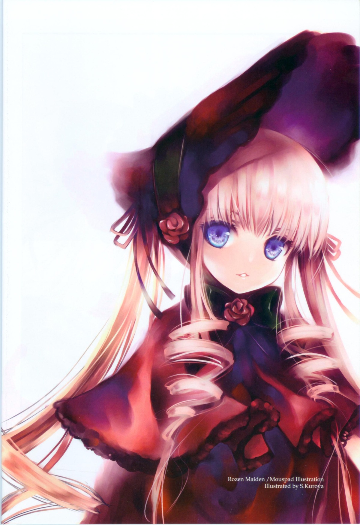 1girl absurdres blonde_hair blue_eyes blush bonnet bow capelet dress drill_hair flower highres image kuroya_shinobu long_hair long_sleeves looking_at_viewer pink_rose red_capelet red_dress rose rozen_maiden shinku solo twin_drills twintails upper_body very_long_hair