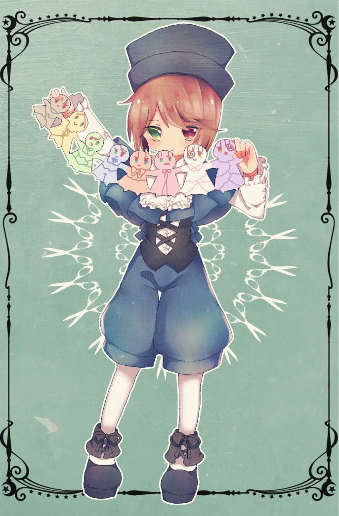 brown_hair flower full_body green_eyes hat heterochromia image long_sleeves looking_at_viewer rose shorts solo souseiseki