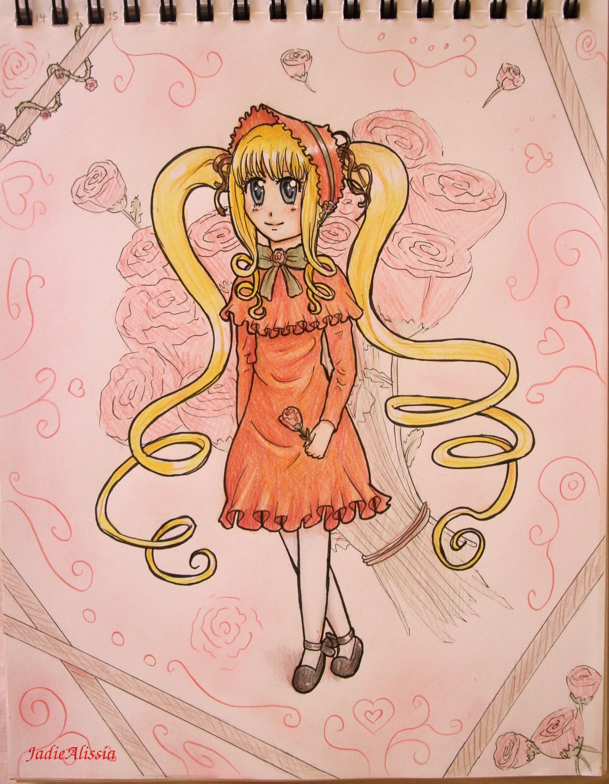 1girl auto_tagged blonde_hair bonnet dress flower full_body heart image long_hair long_sleeves looking_at_viewer red_dress rose shinku shoes sidelocks smile solo standing twintails very_long_hair