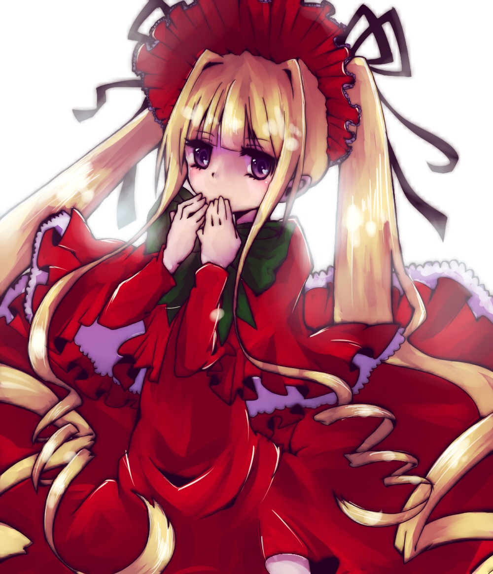 1girl blonde_hair bonnet bow bowtie dress drill_hair frills green_bow image long_hair long_sleeves looking_at_viewer red_dress shinku sidelocks simple_background solo standing twin_drills twintails very_long_hair white_background