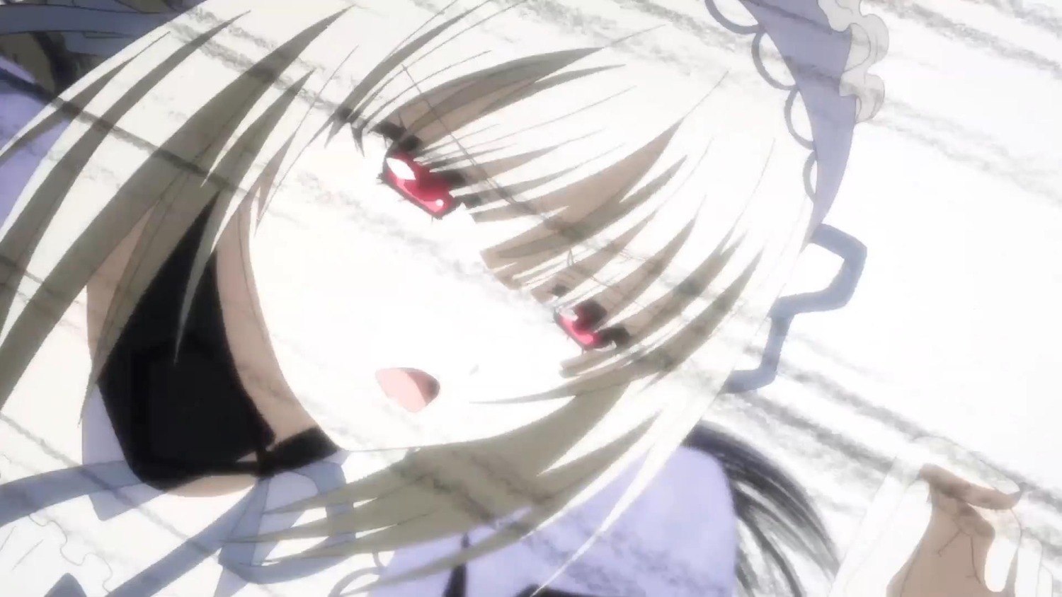 1girl blurry frills image long_hair looking_at_viewer open_mouth red_eyes ribbon silver_hair solo suigintou