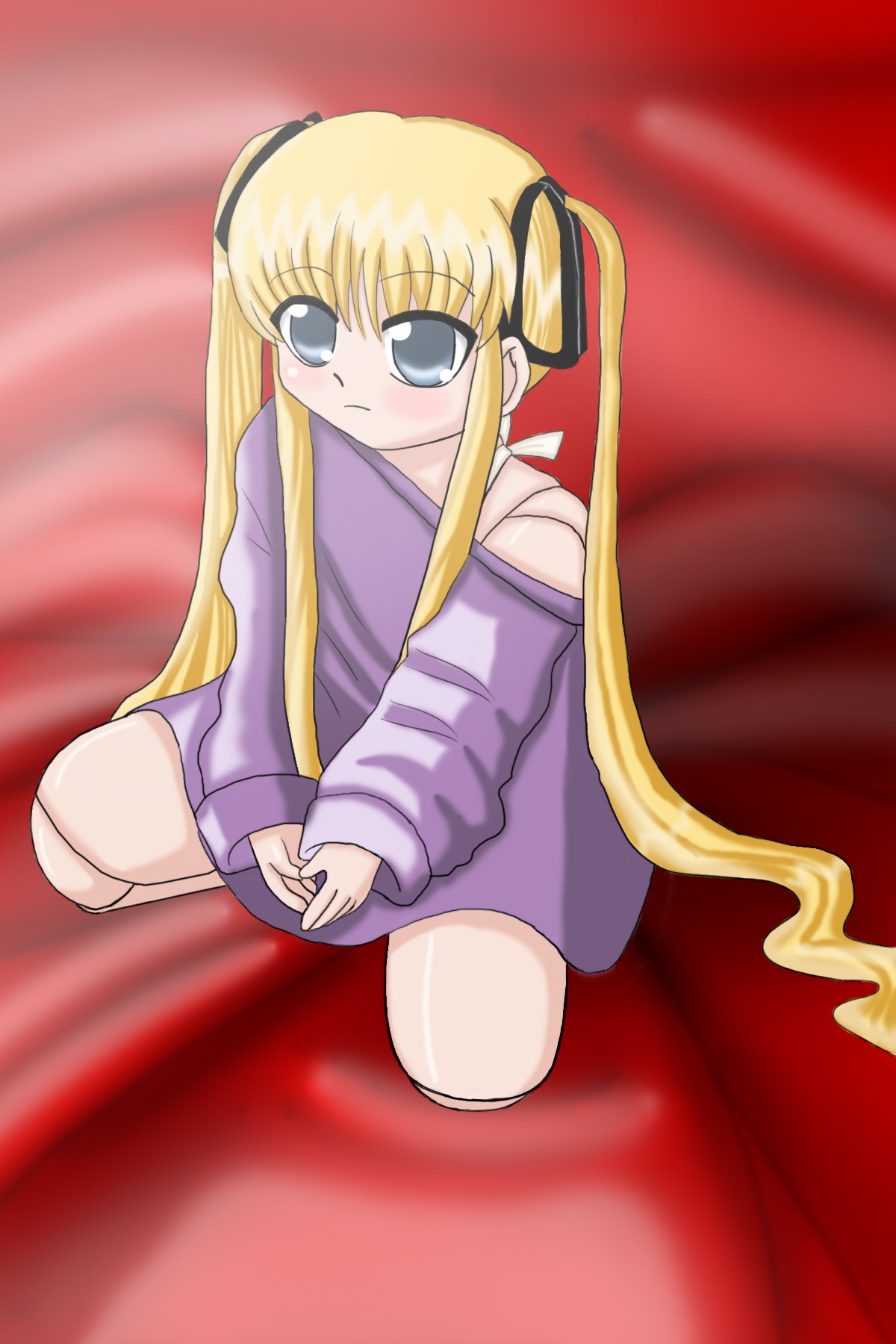 1girl blonde_hair blue_eyes blurry blush hair_ribbon hands_together image long_hair long_sleeves looking_at_viewer ribbon seiza shinku sidelocks sitting solo sweater twintails very_long_hair