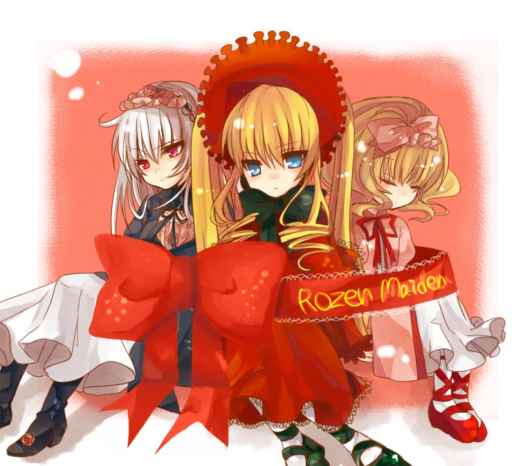 3girls blonde_hair blue_eyes bonnet bow closed_eyes commentary_request dress drill_hair frills hair_bow hairband hall_jion hat hina_ichigo image long_hair long_sleeves looking_at_viewer multiple multiple_girls pink_bow red_dress red_eyes ribbon rozen_maiden shinku shoes short_hair silver_hair sitting sleeping suigintou tagme twintails