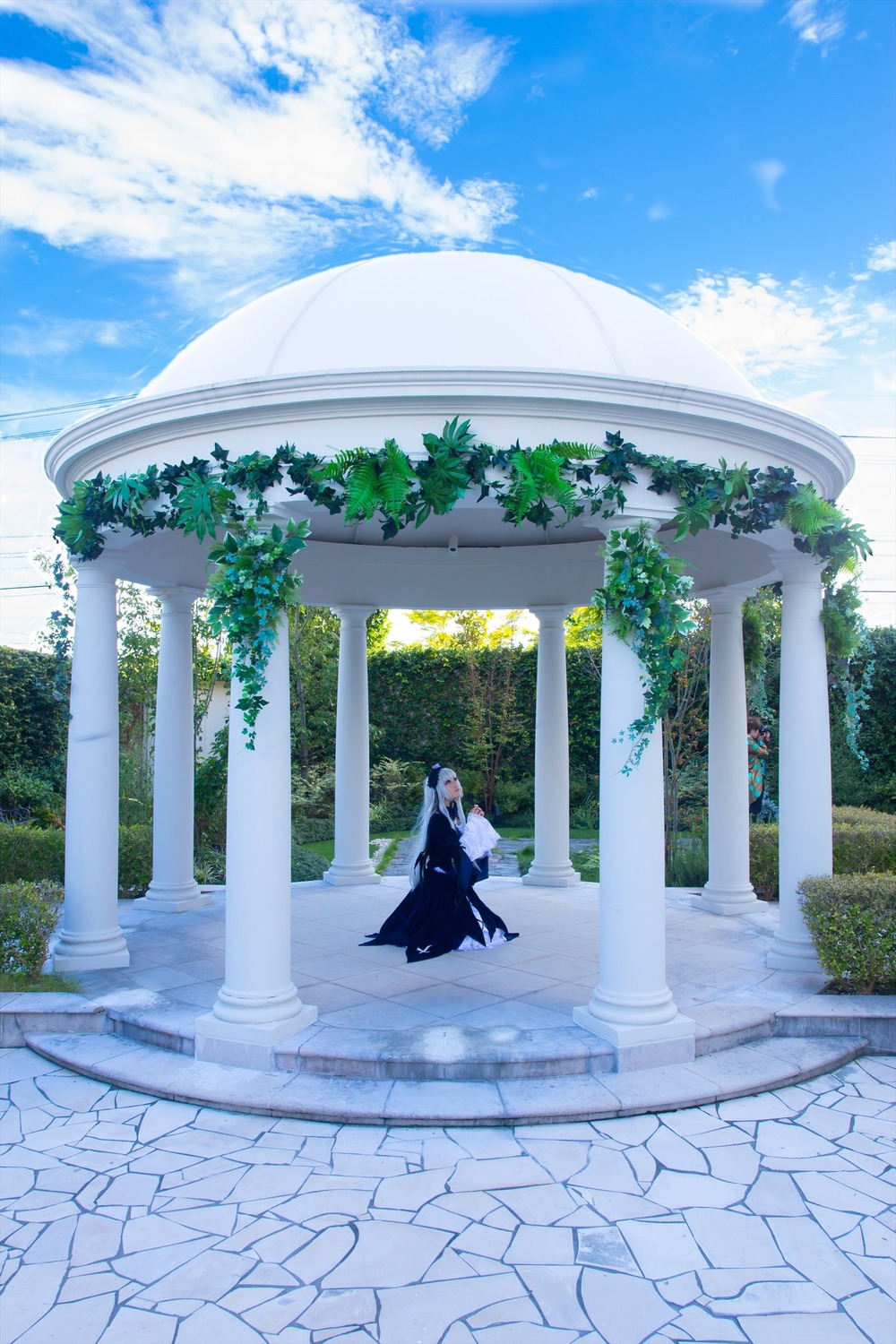 1girl blue_sky cloud day long_hair outdoors scenery sky solo standing suigintou water