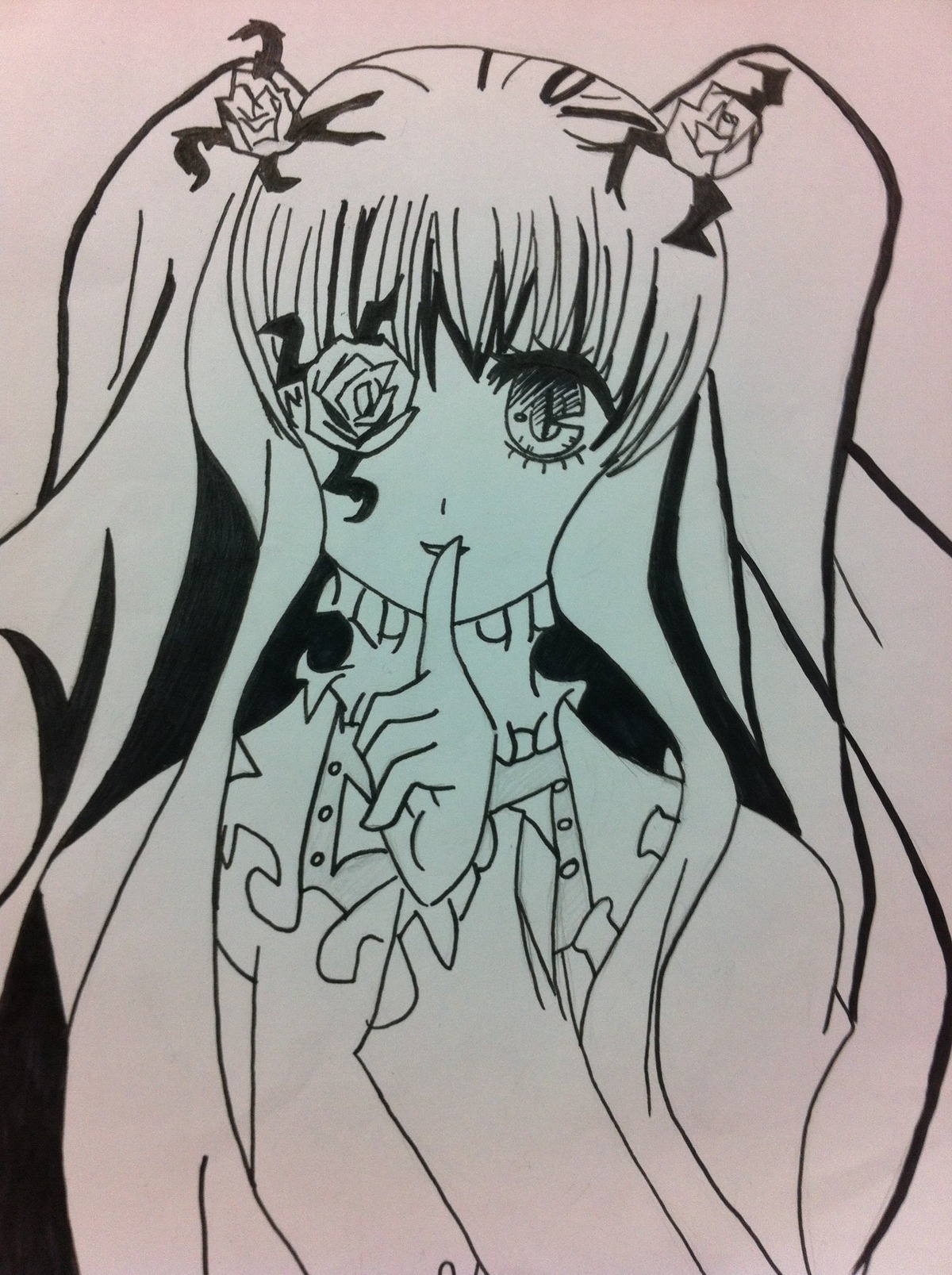 1girl finger_to_mouth flower hair_flower hair_ornament image kirakishou long_hair looking_at_viewer monochrome solo traditional_media upper_body