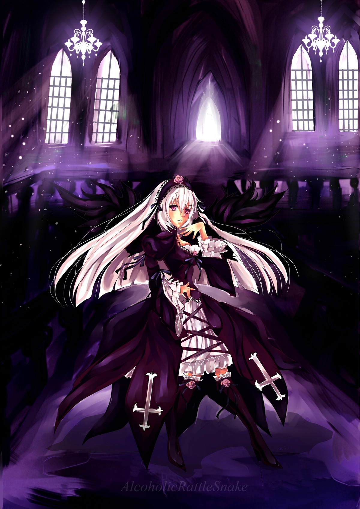 1girl cross dress flower gothic_lolita hairband image lolita_fashion long_hair silver_hair solo suigintou thighhighs very_long_hair window