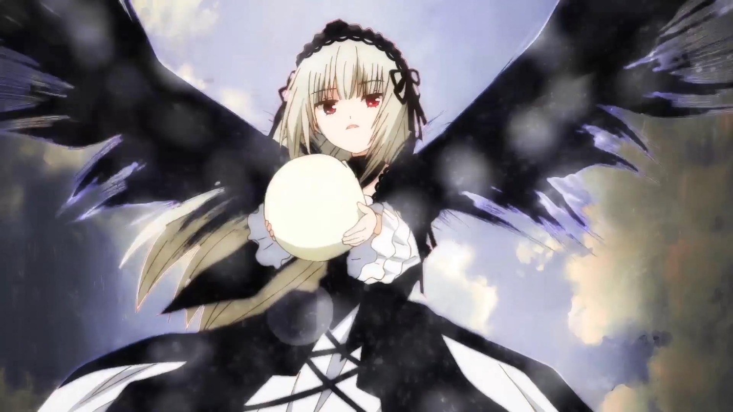 1girl bangs black_dress black_ribbon black_wings closed_mouth cloud dress dutch_angle eyebrows_visible_through_hair flower frills hairband holding image long_hair long_sleeves looking_at_viewer red_eyes ribbon rose silver_hair solo suigintou wings