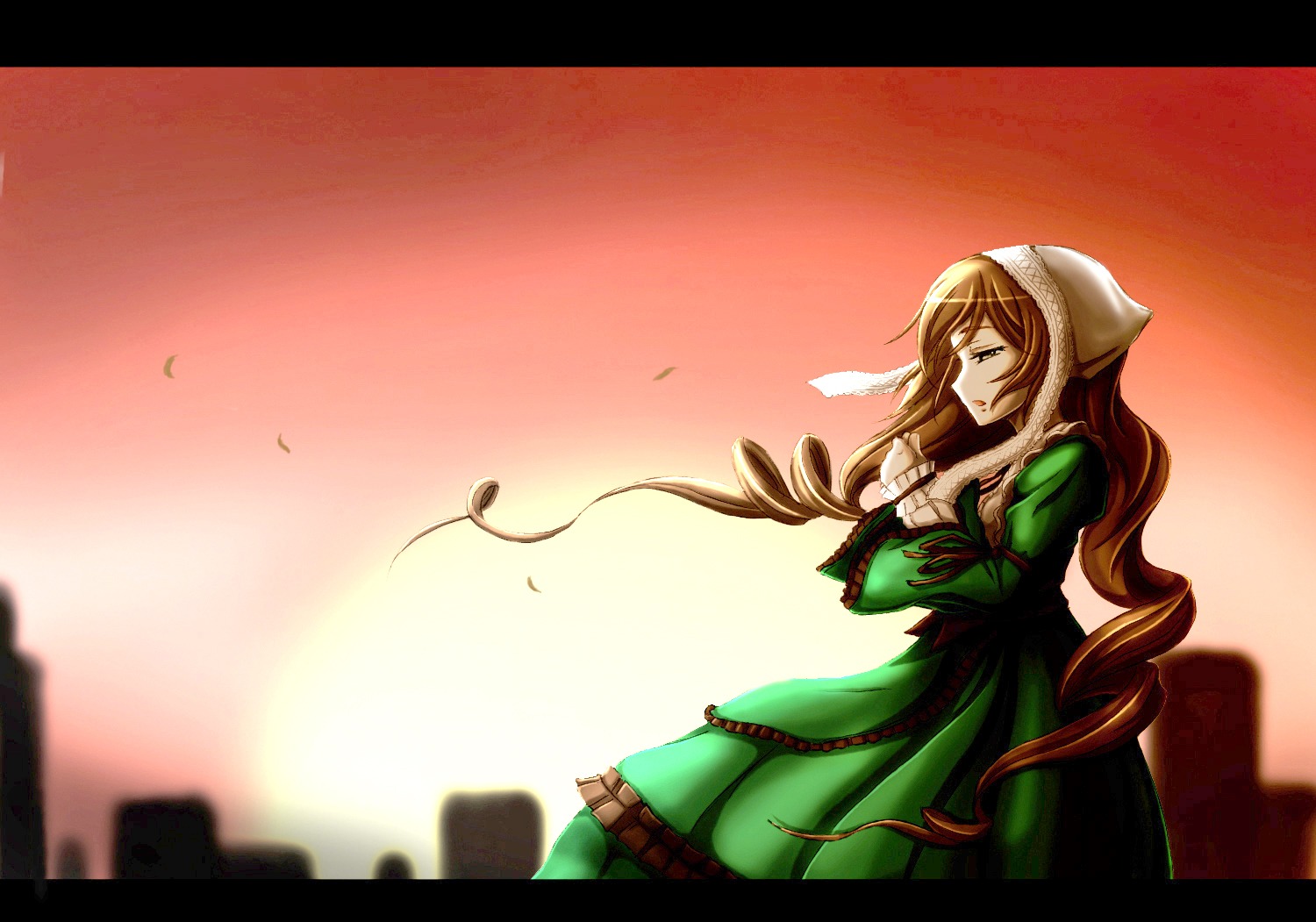 1girl blurry brown_hair closed_eyes depth_of_field dress drill_hair frills green_dress hat head_scarf image juliet_sleeves letterboxed long_hair long_sleeves puffy_sleeves sky solo suiseiseki sunset very_long_hair