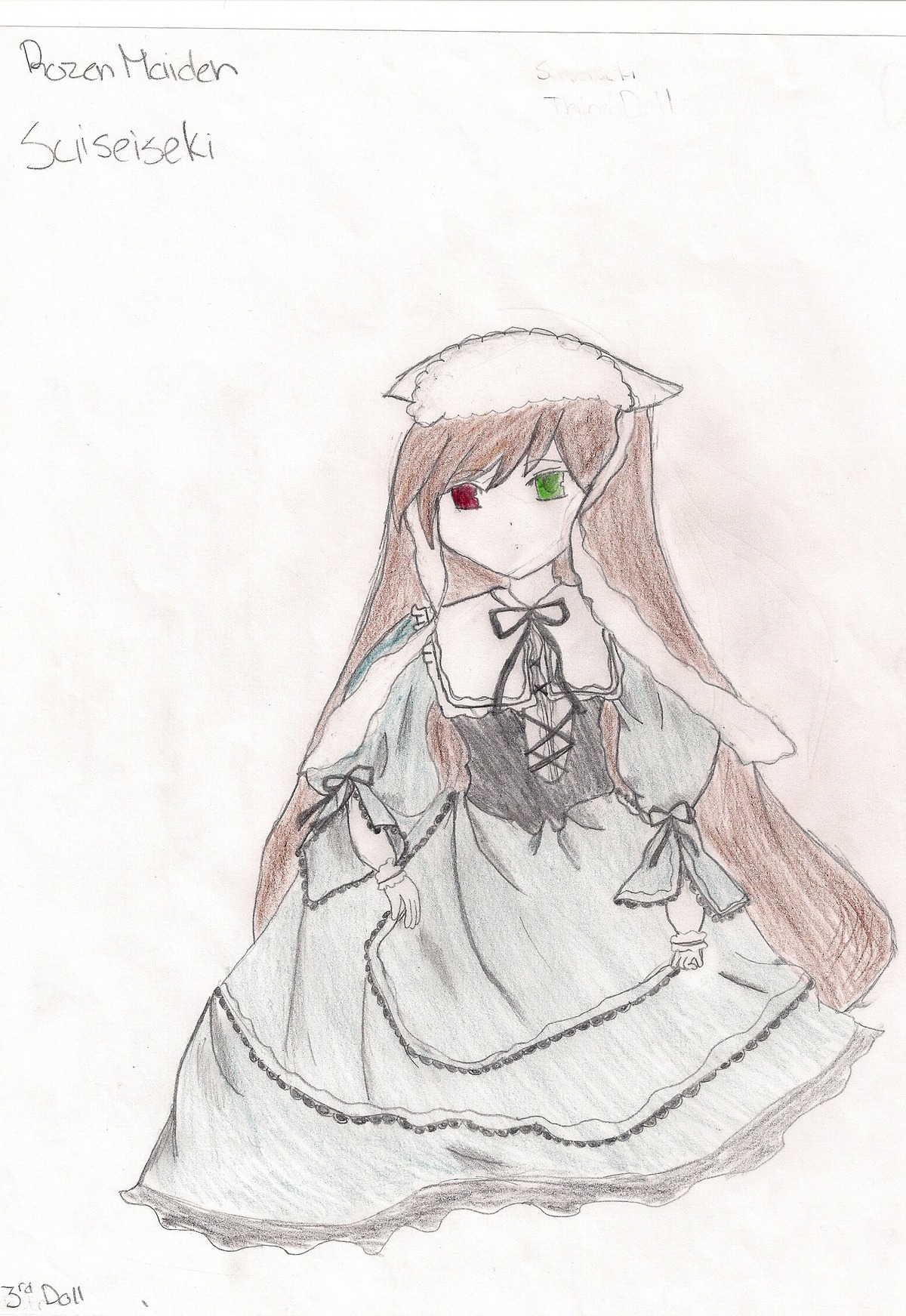 1girl artist_name brown_hair dated dress green_dress green_eyes head_scarf heterochromia image long_hair long_sleeves looking_at_viewer red_eyes simple_background solo suiseiseki very_long_hair